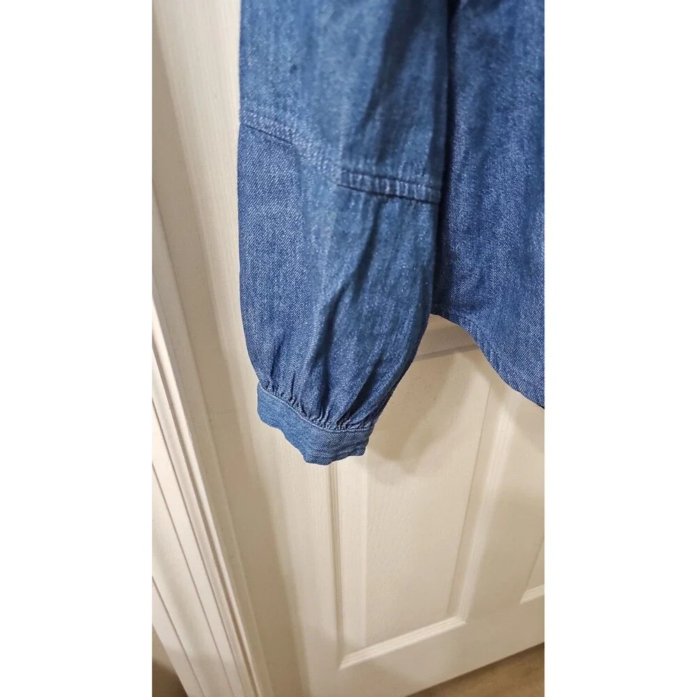 Old Navy Ruffle Collar Medium Wash Puff Sleeve Denim Chambray Blouse Size M